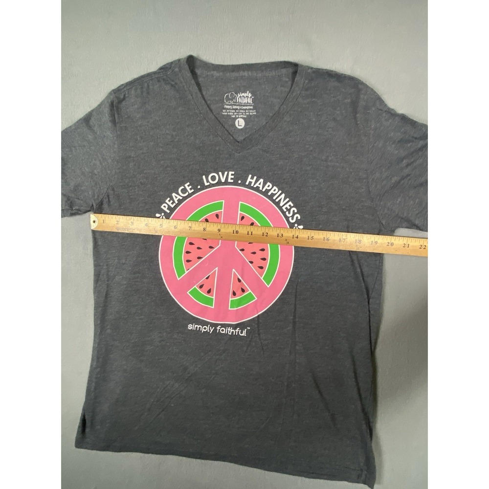 Simply Faithful "Peace Love Happiness" Watermelon Peace Symbol V Neck T Shirt L - Picture 3 of 8